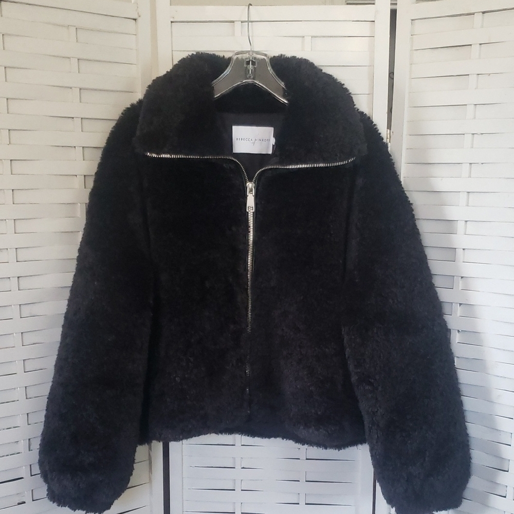Rebecca Minkkoff Black Fuzzy  Full Zip Lined Women's Jacket Size L